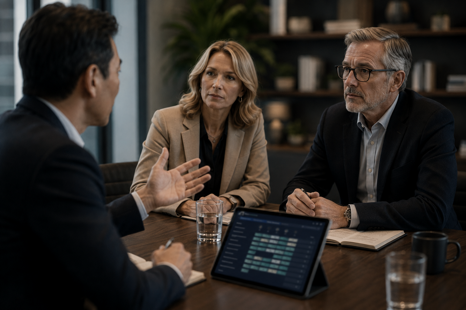 Executive leaders in conversation around the boardroom table