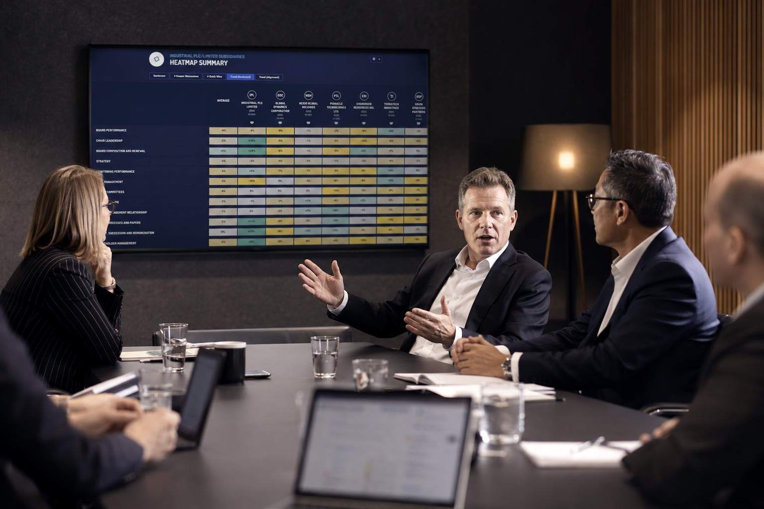 A portfolio review meeting with a comparison heatmap on screen