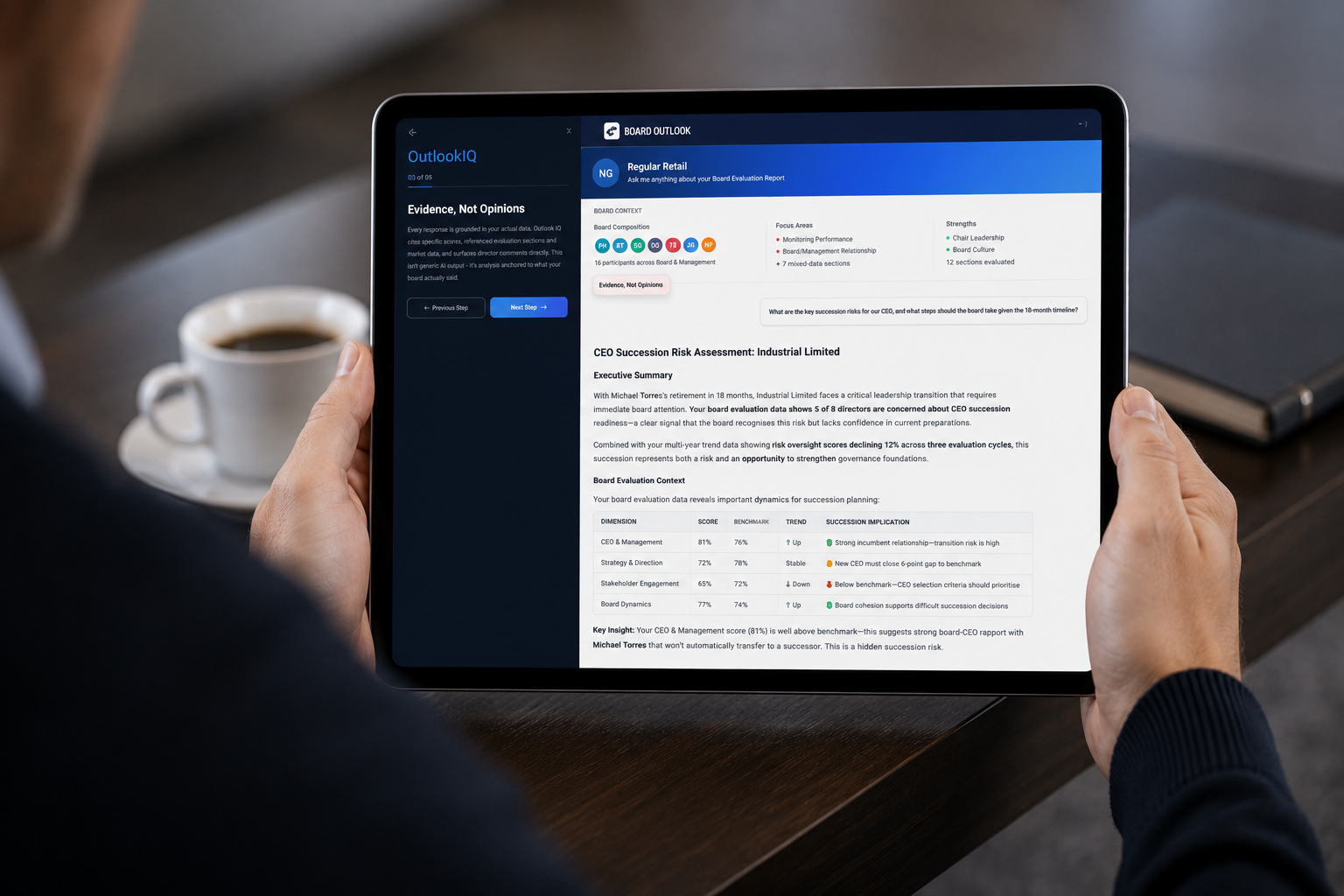 A CEO succession risk assessment reviewed on a tablet