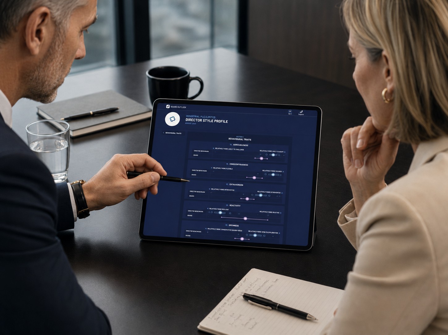 A chair and adviser reviewing a leader's capability profile on a tablet