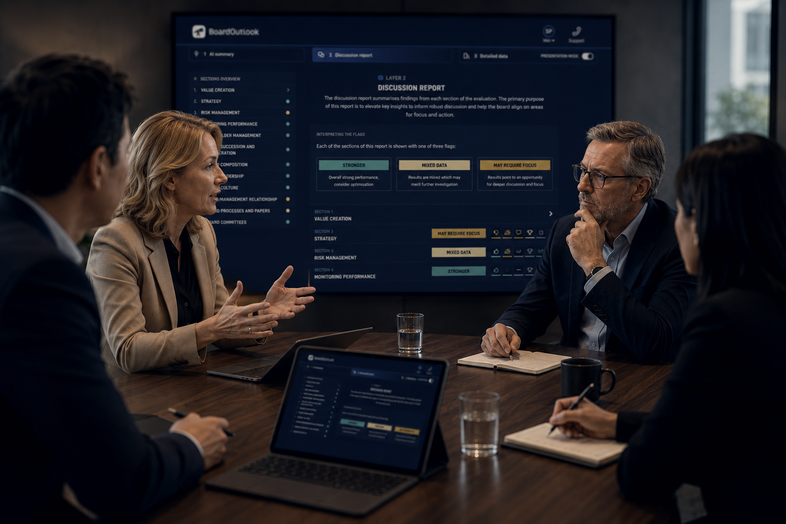 An executive team debating a capability report in the boardroom